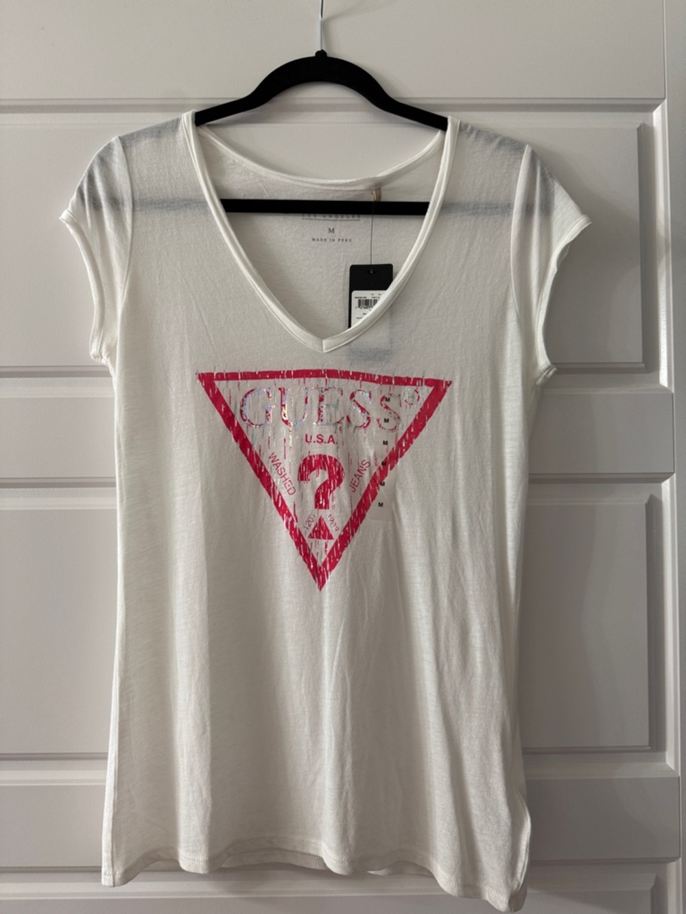 GUESS White V-Neck Tee with Pink Logo Triangle
